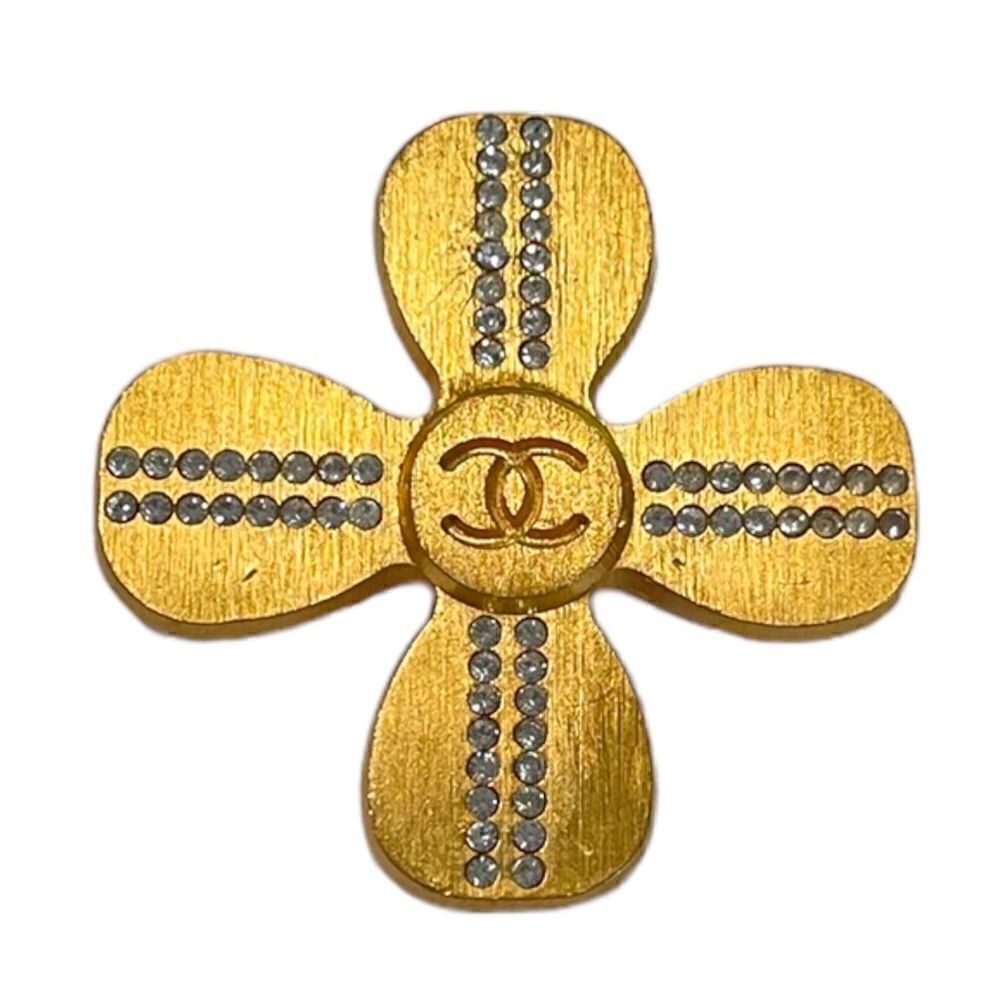 CHANEL STUNNING Vintage Gold & Crystal CC Logo RARE Clover 🍀 Brooch
